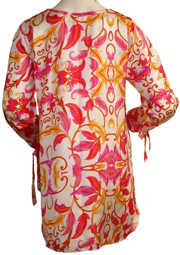 White Silk Tunic with Pink and Orange Flowers