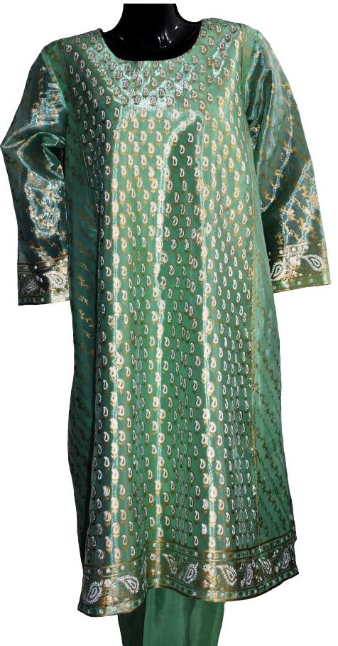 Sea Green & Gold Block Printed Jora