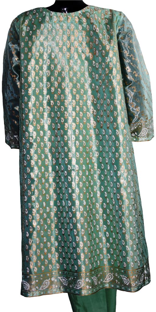 Sea Green & Gold Block Printed Jora