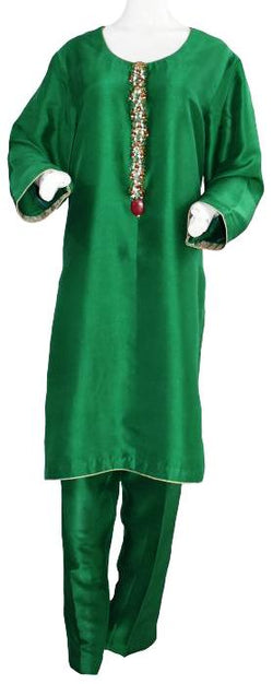 Emerald Green Silk Suit with Fancy Buttons