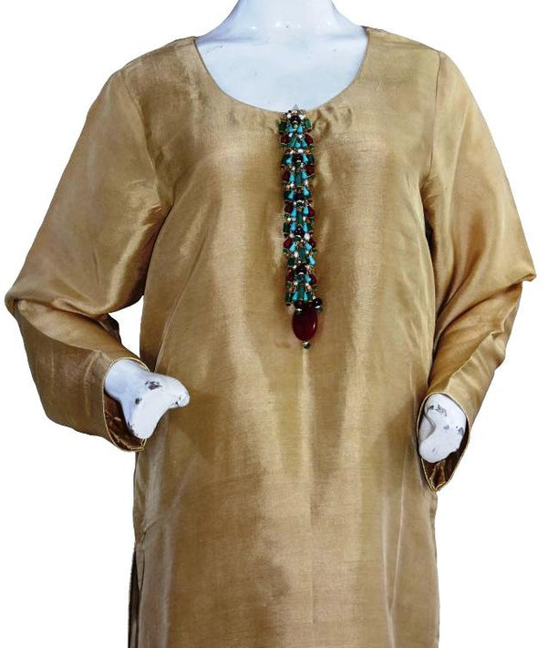 Dull Gold Silk Suit with Semi-Precious Buttons